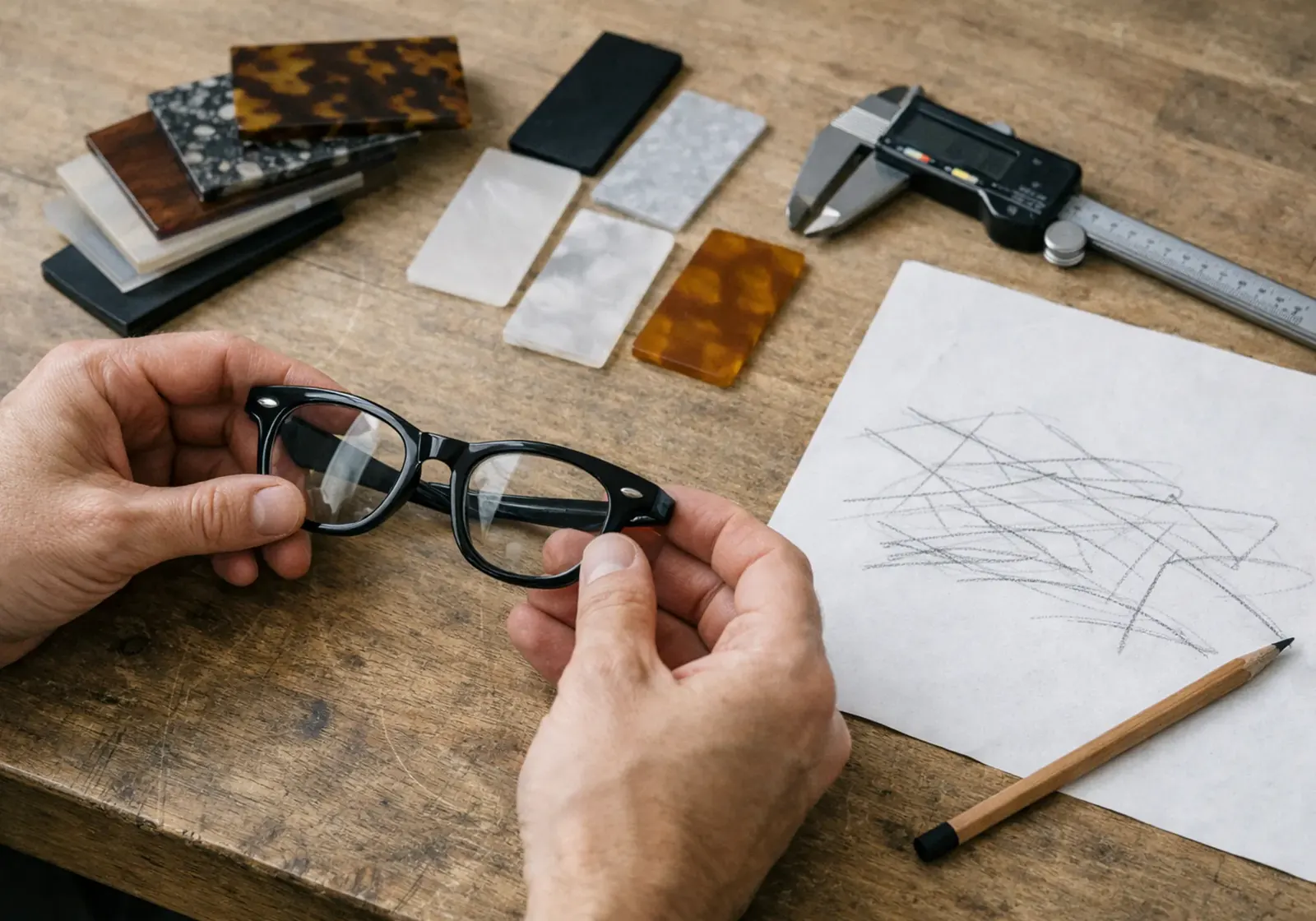 Illustrative image: frames on a workbench (not a customer or staff photo)