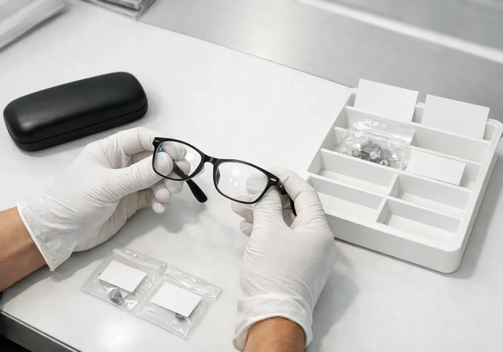 Optical lab bench with lenses and tools