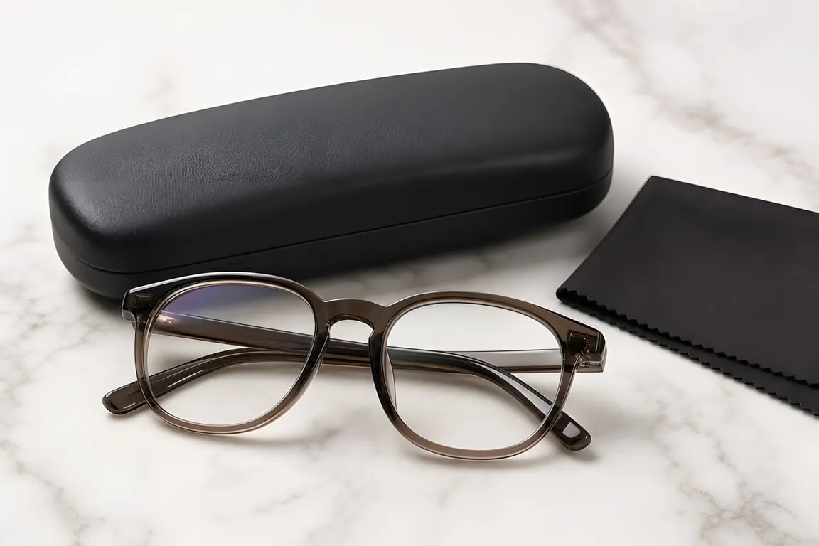 A finished eyewear order packaged for delivery